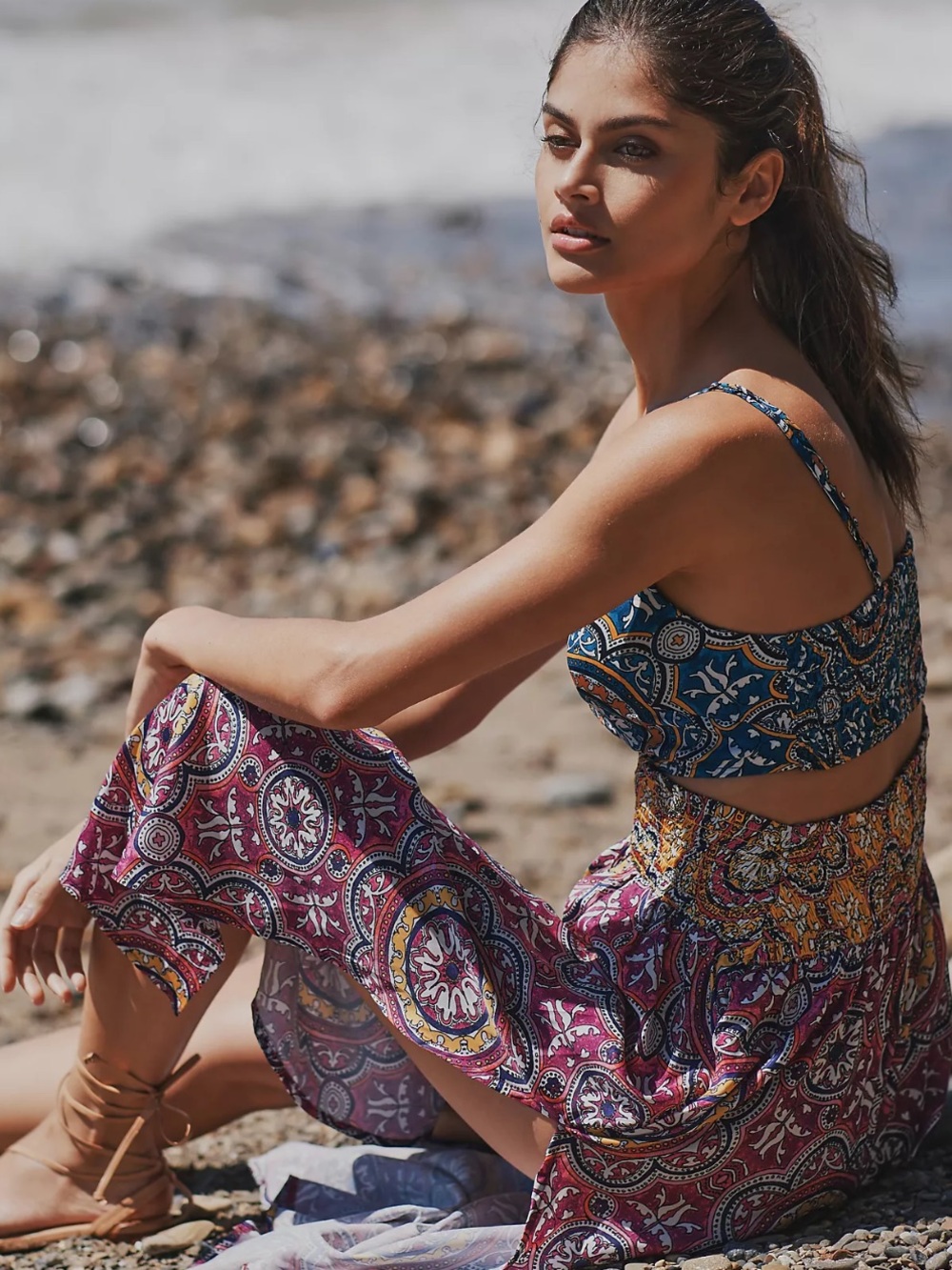 Anthropologie Cutout Smocked Dress Boho Print